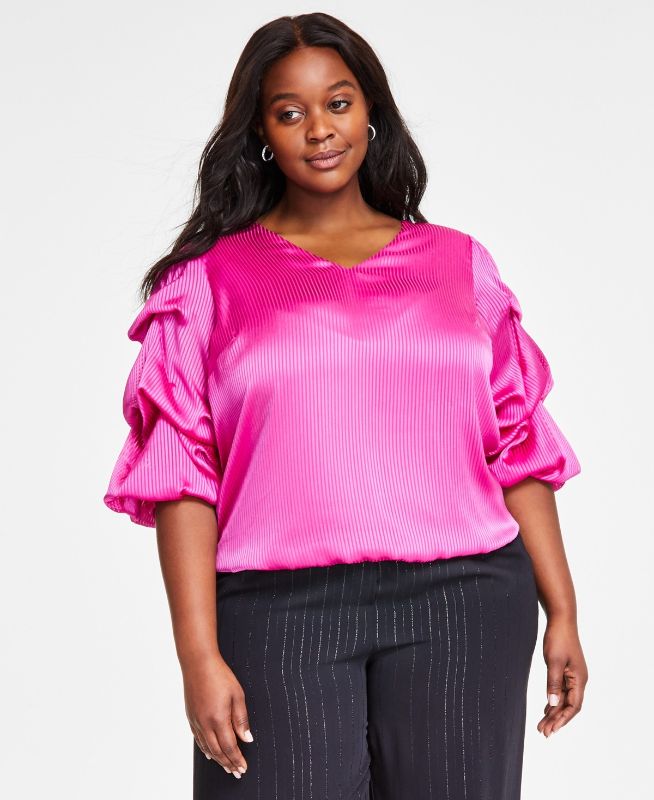 Photo 1 of Vince Camuto Plus Size Shadow-Stripe Bubble-Sleeve Top - Bloomberry - Size XX-Large 