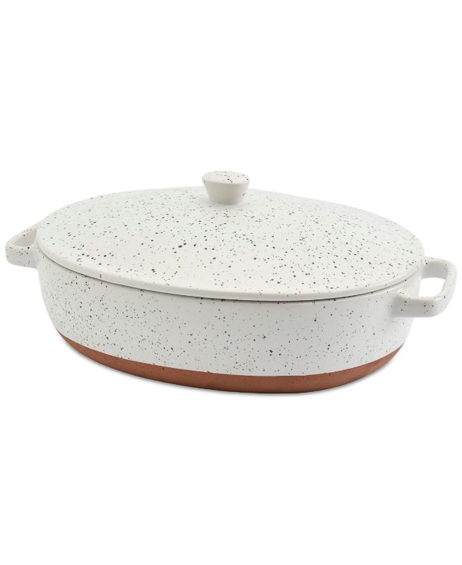 Photo 1 of Denmark Tools for Cooks Speckled Stoneware 3.2-Qt. Oval Covered Casserole - White