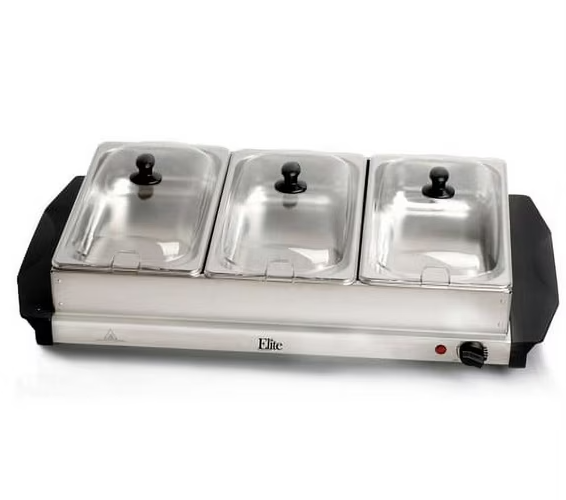 Photo 1 of Elite Gourmet 7.5 Quart Triple Buffet Server Food Warmer Temperature Control, Clear Slotted Lids