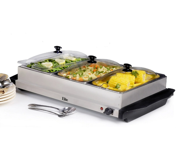 Photo 1 of Elite Gourmet 7.5 Quart Triple Buffet Server Food Warmer Temperature Control, Clear Slotted Lids