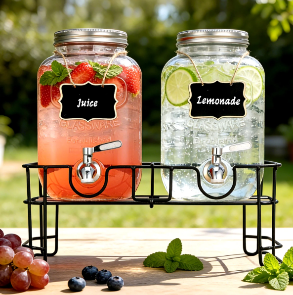 Photo 1 of 2 Pack Glass Drink Dispenser with Stand?1 Gallon Leakproof Beverage Dispenser Set with Stainless Steel Spigot and Filter for Lemonade, Juice, Water & More