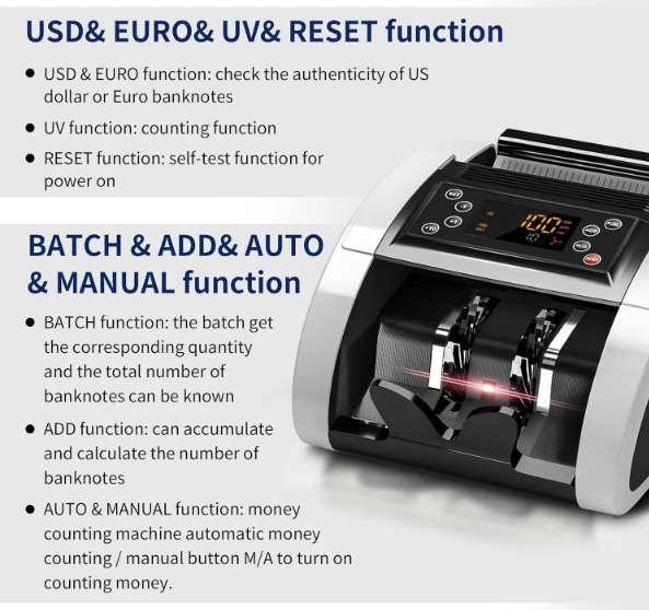 Photo 1 of Aneken Money Counter Machine with Value Bill Count, Dollar, Euro with UV/MG/IR/DBL/HLF/CHN Counterfeit Detection, Bill Cash Counting