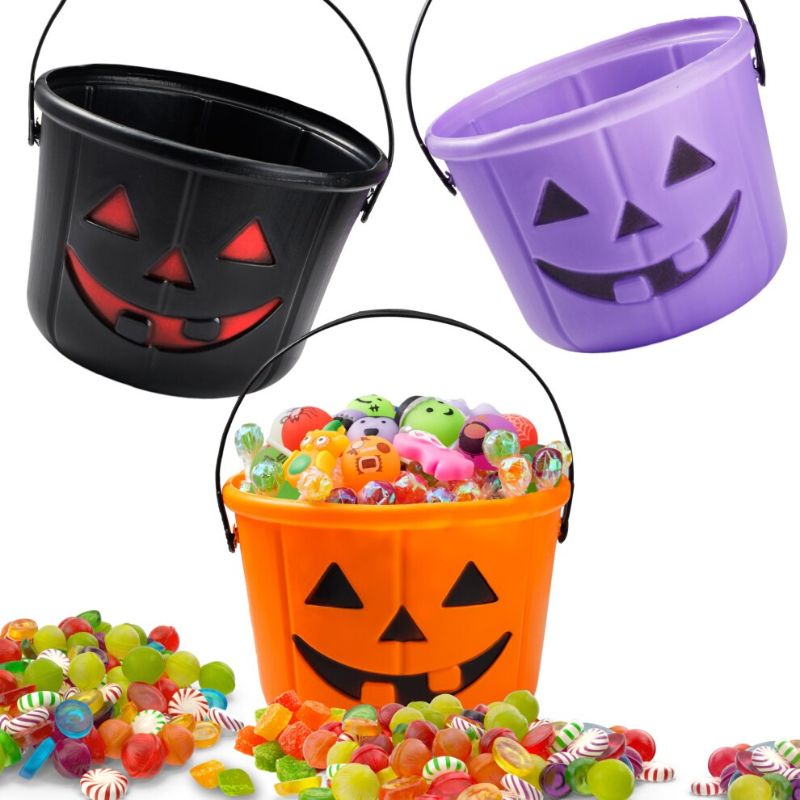 Photo 1 of JOYIN 6PCS Halloween Trick or Treat Pumpkin Bucket Orange Plastic Candy Bucket for Trick or Treating Black Purple Jack O Lantern Basket