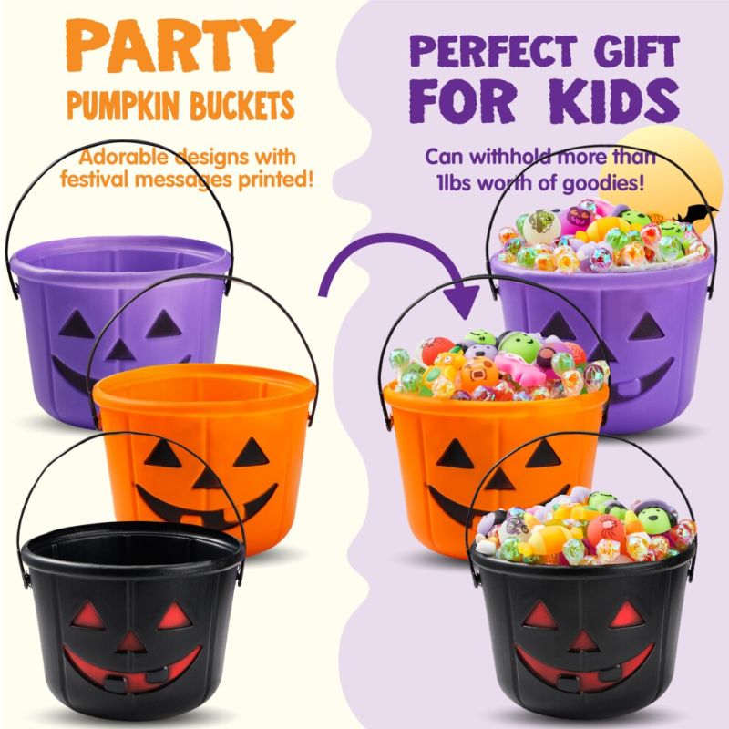 Photo 1 of JOYIN 6PCS Halloween Trick or Treat Pumpkin Bucket Orange Plastic Candy Bucket for Trick or Treating Black Purple Jack O Lantern Basket