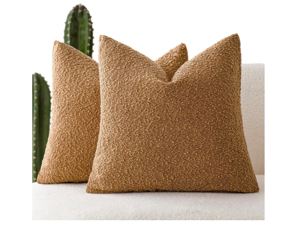Photo 1 of Foindtower Accent Solid Pillow Cases Textured Boucle Throw Pillow Covers Cozy Modern Decorative Couch Cushion Case for Chair Sofa Bed Living Room Home Decor, Pack of 2, 18 x 18 Inch,Tobacco