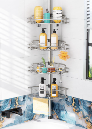 Photo 1 of HAMITOR Shower Caddy Tension Pole: 4-Tier Rustproof Bathroom Corner Shelf Organizer for Renter - No Drill Large Shampoo Storage Rack - Adjustable 47-121" - Space Saving Bathtub Accessory - Silver Gray