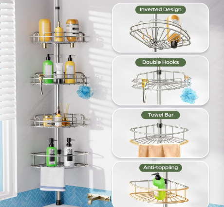 Photo 1 of HAMITOR Shower Caddy Tension Pole: 4-Tier Rustproof Bathroom Corner Shelf Organizer for Renter - No Drill Large Shampoo Storage Rack - Adjustable 47-121" - Space Saving Bathtub Accessory - Silver Gray