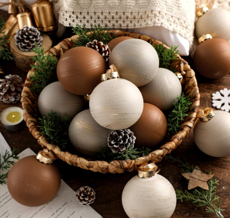 Photo 1 of Yunlly 12 Pcs Neutral Textured Christmas Ball Ornaments Rustic Earth Toned Christmas Ornaments Antique Farmhouse Modern Christmas Decor for Tree Home Decor(Brown, Ivory, Beige,3.2 Inch,Neutral)