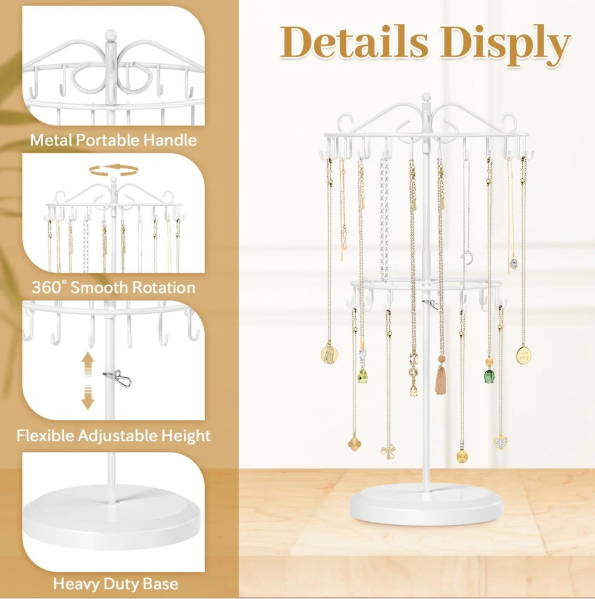 Photo 1 of Rotating Necklace Holder Organizer Display Stand with 42 Hooks, 2 Tier Adjustable - White 