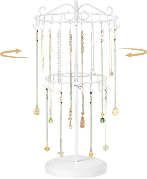 Photo 1 of Rotating Necklace Holder Organizer Display Stand with 42 Hooks, 2 Tier Adjustable - White 