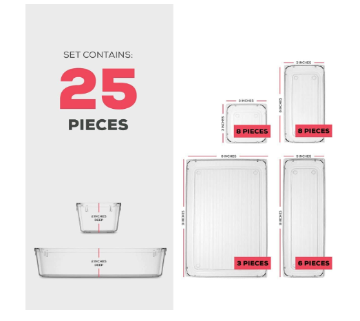 Photo 1 of 25 PCS Clear Plastic Drawer Organizers Set, 4-Size Versatile Bathroom and Vanity Drawer Organizer Trays, Storage Bins for Makeup, Bedroom, Kitchen Gadgets Utensils and Office Accessories