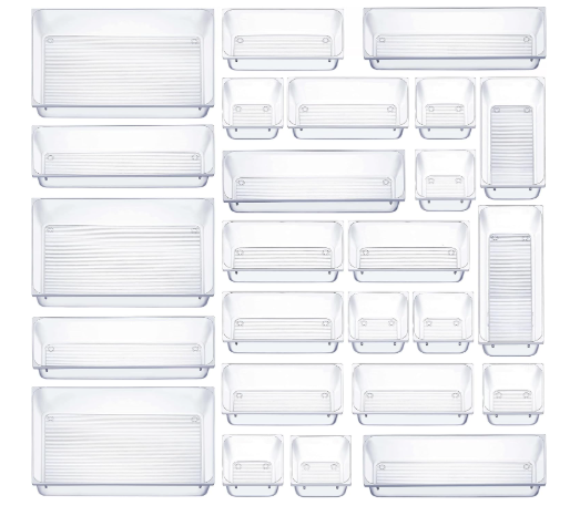 Photo 1 of 25 PCS Clear Plastic Drawer Organizers Set, 4-Size Versatile Bathroom and Vanity Drawer Organizer Trays, Storage Bins for Makeup, Bedroom, Kitchen Gadgets Utensils and Office Accessories