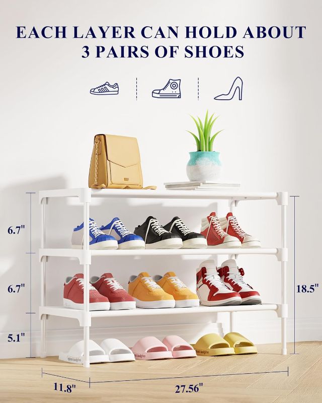 Photo 1 of Kitsure Shoe Rack - Non-Woven Shoe Rack Shelf, Shoe Organizer for Closet, Entryway, Garage & Corridor, Stackable Shoe Shelves, 27.5" Wide - 3 Tier, White