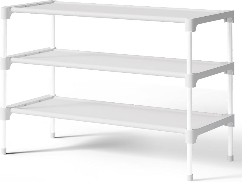 Photo 1 of Kitsure Shoe Rack - Non-Woven Shoe Rack Shelf, Shoe Organizer for Closet, Entryway, Garage & Corridor, Stackable Shoe Shelves, 27.5" Wide - 3 Tier, White