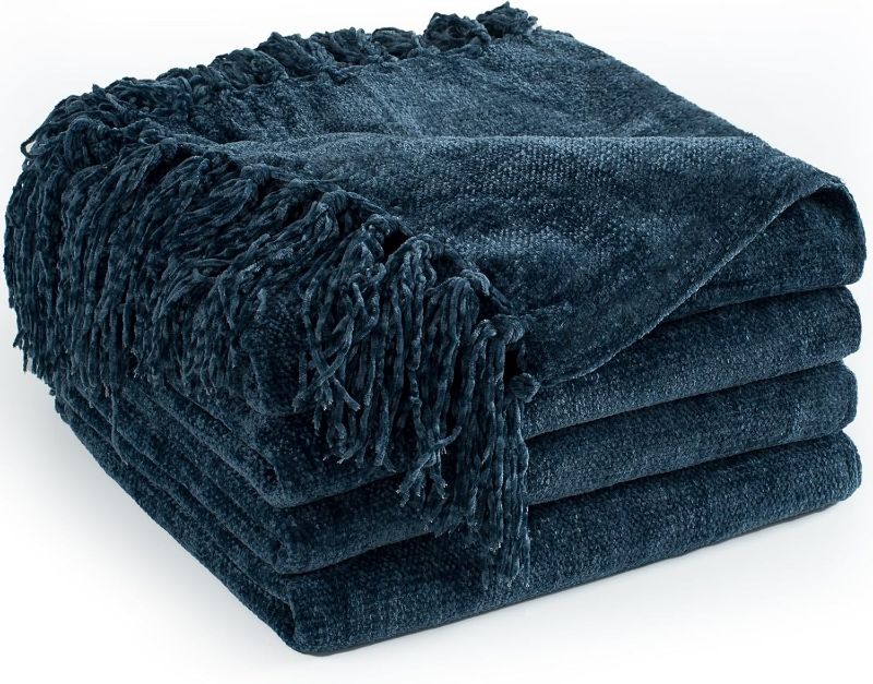 Photo 1 of LONG CREATE Chenille Throw Blanket for Couch 50"X 60", Soft Cozy Throws with Fringe Tassel for Bed Sofa Chair Cover, Lightweight Knitted Decorative Boho Blankets for Living Room, Navy Blue