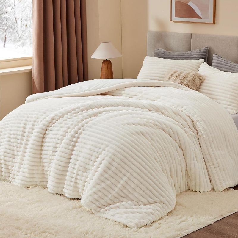 Photo 1 of BEDELITE Fleece Queen Comforter Set -Super Soft & Warm Fluffy Cream White Bedding, Luxury Fuzzy Heavy Bed Set for Winter with 2 Pillow Cases