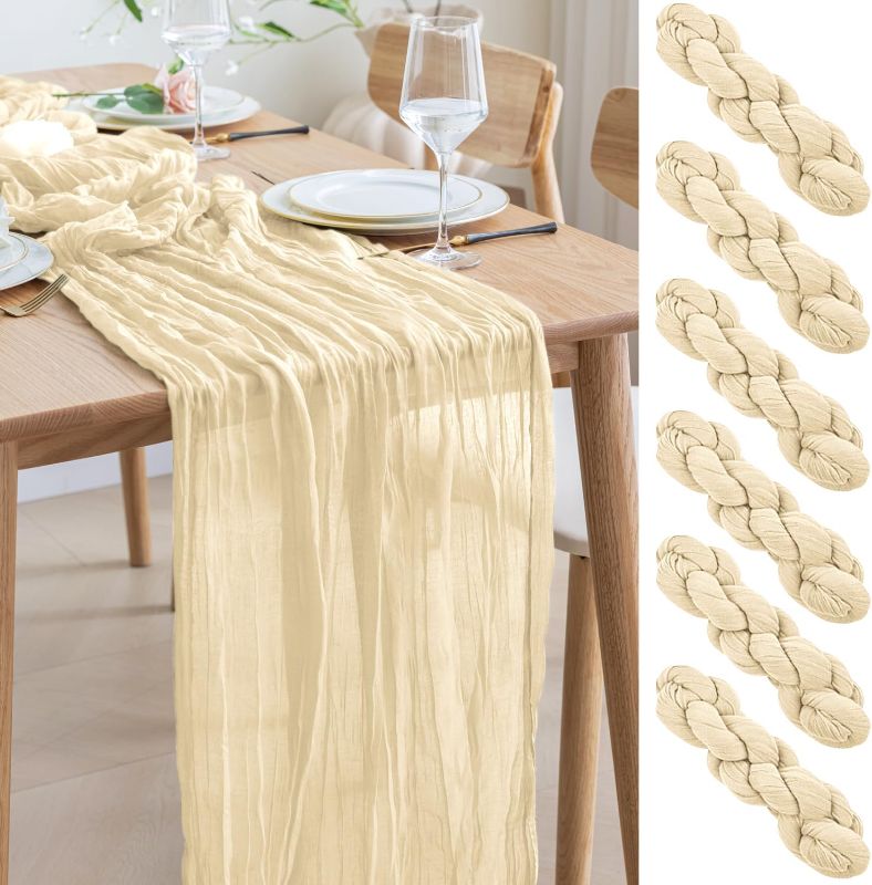 Photo 1 of Asee'm 6pcs Cheesecloth Table Runner 120 Inches Long Beige Boho Gauze Cheese Cloth Runner 10FT Rustic Sheer Table Runners for Christmas Wedding Party Baby Shower Spring Easter Decoration