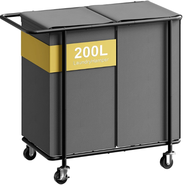 Photo 1 of Chrislley Double Laundry Hamper with Wheels,200L Rolling Laundry Basket 2 Section with Lid,Steel Frame Laundry Cart with Handle and Removable Bags,Dirty Clothes Hamper for Laundry Room,Dorm,Grey