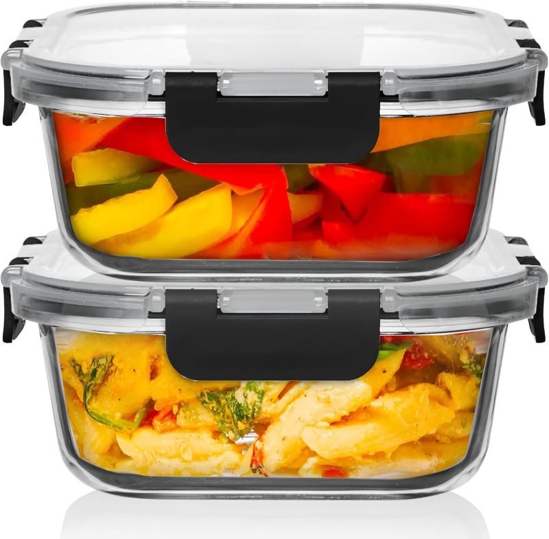 Photo 1 of Razab 2 PC 1200ML / 41 Oz Glass Food Storage Containers with Lids - Airtight & Leakproof - Microwave/Oven/Freezer Safe - BPA Free - Ideal for Meal Prep, Storing Leftover & Lunch