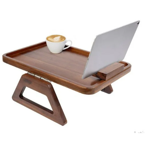 Photo 1 of Smart Design Acacia Armrest Tray, Brown, Non-Slip Sofa Arm Clip Table for Drinks, Snacks & Devices