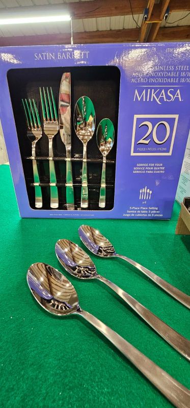 Photo 1 of MIKASA 20PC FLATWARE SET SATIN BARRET STAINLESS STEEL 1 Small Fork Missing