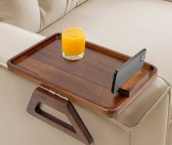 Photo 1 of Smart Design Acacia Armrest Tray, Brown, Non-Slip Sofa Arm Clip Table for Drinks, Snacks & Devices