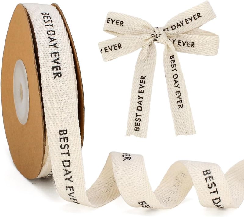 Photo 1 of FQTANJU Best Day Ever Cotton Ribbon 5/8 Inch x 10 Meters Natural Twill Tape Herringbone Cotton Crafts Gift Wrapping Ribbon for Crafts Supplies Holiday Party Gifts Wrapping Ribbons