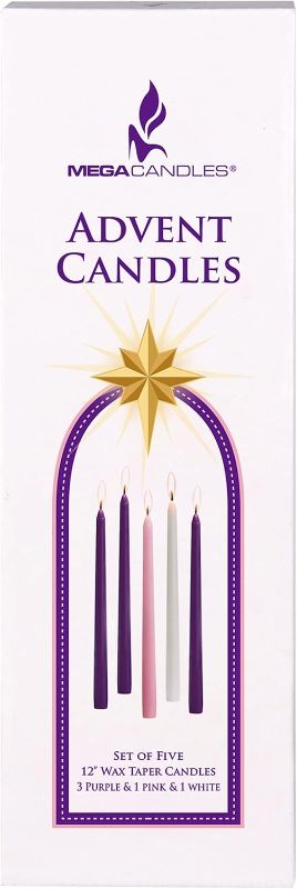 Photo 1 of Mega Candles 5 pcs Unscented Christmas Advent Candles Set, Hand Poured Premium Wax Taper Candle 12 Inch x 7/8 Inch, Holidays, Occasions, Events, Festivitiess, Devotional, Church, Wreath, Party, Gifts