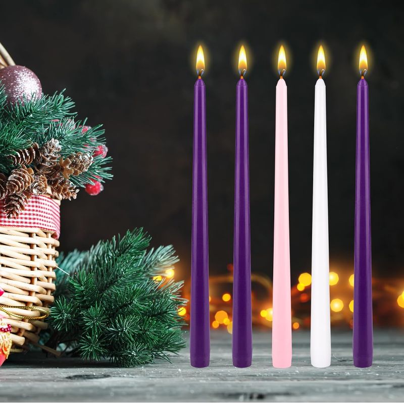 Photo 1 of Mega Candles 5 pcs Unscented Christmas Advent Candles Set, Hand Poured Premium Wax Taper Candle 12 Inch x 7/8 Inch, Holidays, Occasions, Events, Festivitiess, Devotional, Church, Wreath, Party, Gifts