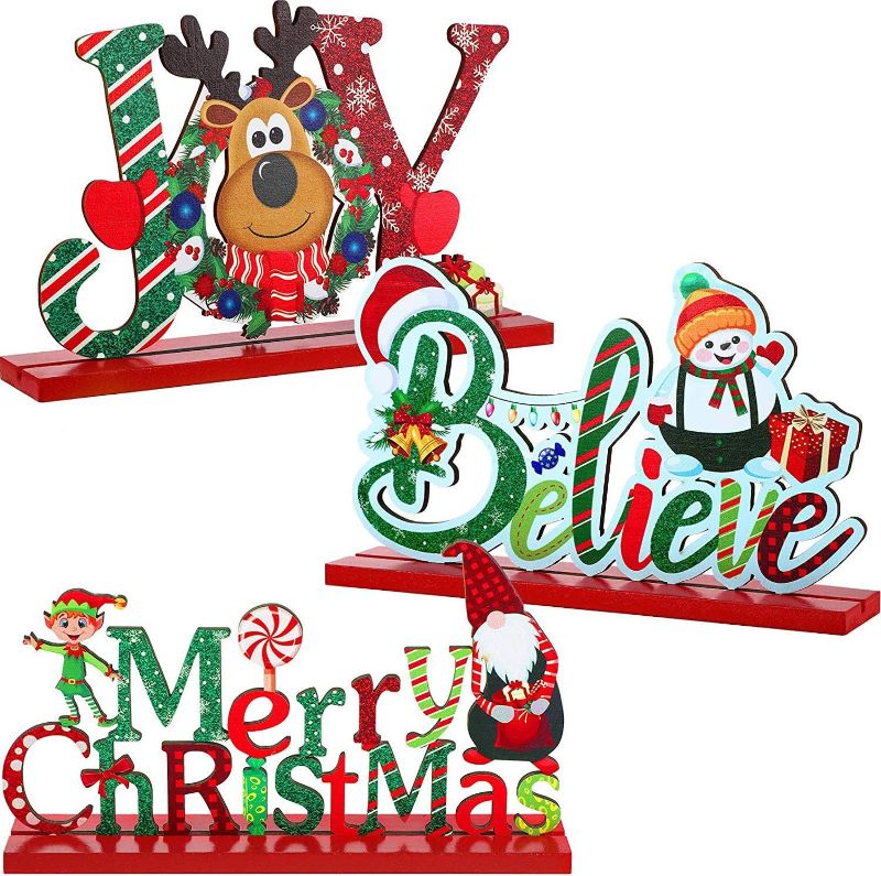Photo 1 of Blulu 3 Pcs Christmas Decorations Indoor Centerpieces for Tables Tabletop Wooden Signs Farmhouse Centerpieces Xmas Snowman Santa Claus Gnome Signs Merry Christmas for Xmas Holiday Party Decor(Red)
