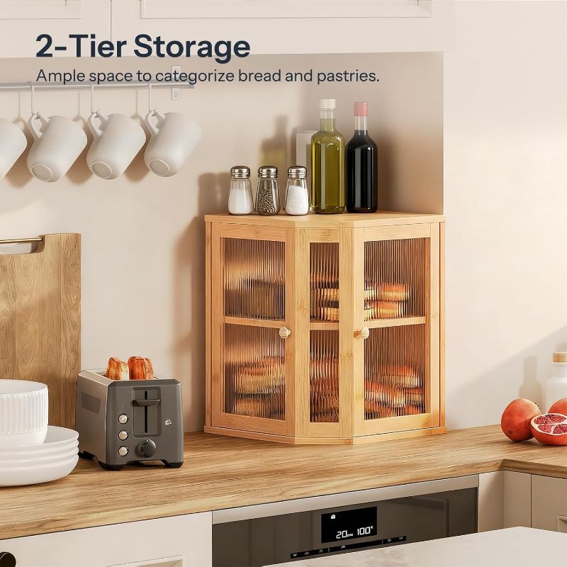 Photo 1 of HOOBRO Bamboo Bread Box, Kitchen Countertop Corner Bread Box, Large Capacity 2-Tier Bread Container, Bread Storage Container with Dual Rippled Acrylic Doors, for Kitchen Food Storage