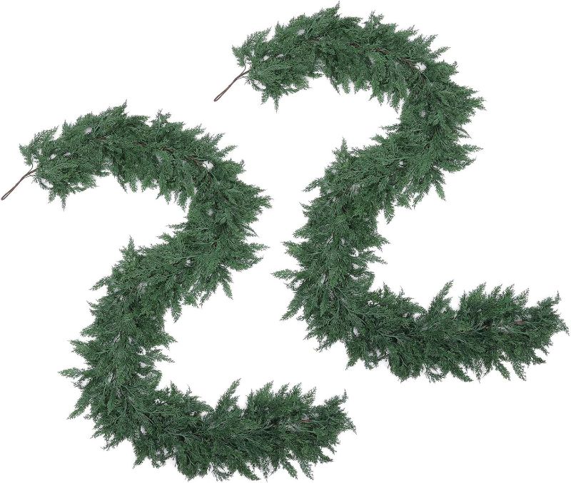 Photo 1 of Hananona 9 FT Artificial Cedar Garlands, 2 Pcs Real Touch Winter Cedar Pine Garland, Green Artificial Greenery Garland for Table, Mantle, Wall, Indoor, Outdoor Christmas Decorations (2, 9 FT)