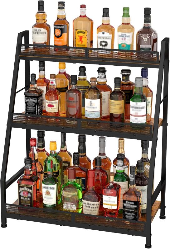 Photo 1 of 3-Tier (Safe Height for Kids & Pets) Expanded Liquor Stand, Trapezoid Wine Rack Freestanding Floor, Large-Capacity Bar Stand for Liquor Whiskey Wine Storage, Vintage Liquor Cabinet Bar for Home