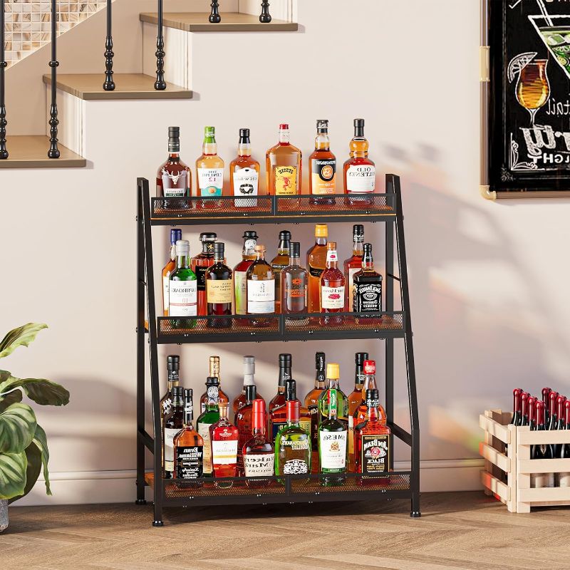 Photo 1 of 3-Tier (Safe Height for Kids & Pets) Expanded Liquor Stand, Trapezoid Wine Rack Freestanding Floor, Large-Capacity Bar Stand for Liquor Whiskey Wine Storage, Vintage Liquor Cabinet Bar for Home