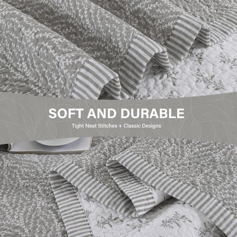 Photo 1 of SahSahCasa Quilt Set King Size, 100% Cotton Quilt Bedding Set Bedspread, Botanical Pattern Solid Color Chic Lightweight Quilted Comforter for King Bed, White/Gray, All Season, 3 Pieces