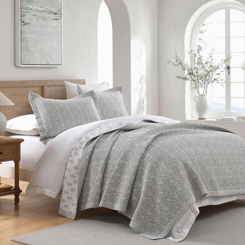 Photo 1 of SahSahCasa Quilt Set King Size, 100% Cotton Quilt Bedding Set Bedspread, Botanical Pattern Solid Color Chic Lightweight Quilted Comforter for King Bed, White/Gray, All Season, 3 Pieces