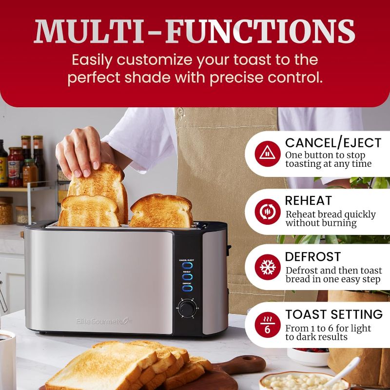 Photo 1 of Elite Gourmet ECT-3100 Long Slot 4 Slice Toaster, Reheat, 6 Toast Settings, Defrost, Cancel Functions, Built-in Warming Rack, Extra Wide Slots for Bagels & Waffles, Stainless Steel & Black
