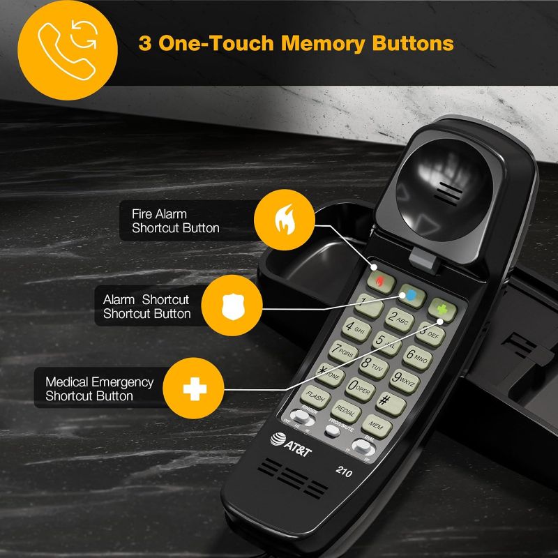 Photo 1 of AT&T 210 Basic Trimline Corded Phone, No AC Power Required, Wall-Mountable, Black