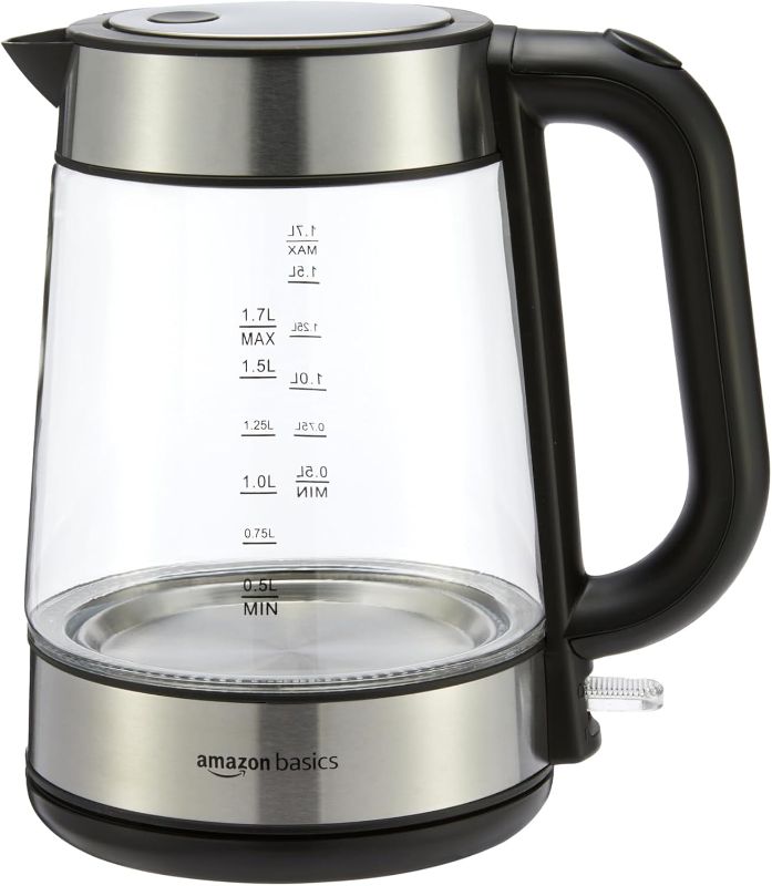 Photo 1 of Amazon Basics Electric Kettle with Glass Carafe for Tea and Coffee, BPA-Free, Fast Boiling, Auto Shut-Off, 1.7 Liter, 1500W, Black and Silver