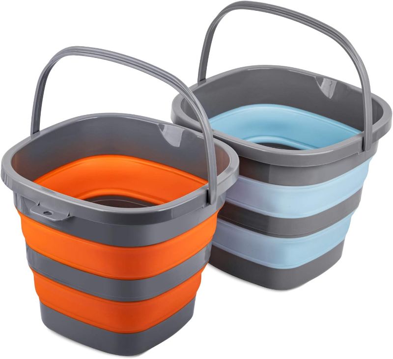 Photo 1 of 2 Pack Collapsible Plastic Bucket with 2.6 Gallon (10L) Each, Foldable Rectangular Tub for House Cleaning, Space Saving Outdoor Waterpot for Garden or Camping, Portable Fishing Water Pail