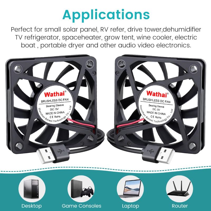 Photo 1 of 2 Packs Wathai 60mm x 10mm USB Computer Fan 5V with Speed Control DC Brushless Cooling Fans for Charger PC Case Router Raspberry Pi Radiator Cooler Ventilation