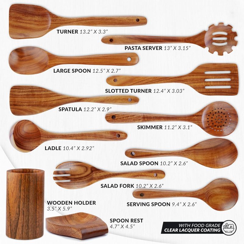 Photo 1 of Zulay Kitchen 12-Piece Teak Wooden Utensils for Cooking - Natural Teak Utensil Set with Premium Gift Box - Non-Stick Wooden Spoons for Cooking - Kitchen Gift Set - Comfortable Grip Wooden Utensil Set