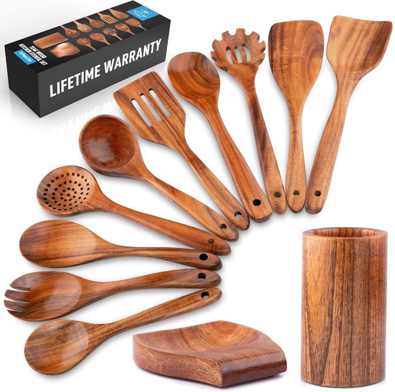 Photo 1 of Zulay Kitchen 12-Piece Teak Wooden Utensils for Cooking - Natural Teak Utensil Set with Premium Gift Box - Non-Stick Wooden Spoons for Cooking - Kitchen Gift Set - Comfortable Grip Wooden Utensil Set