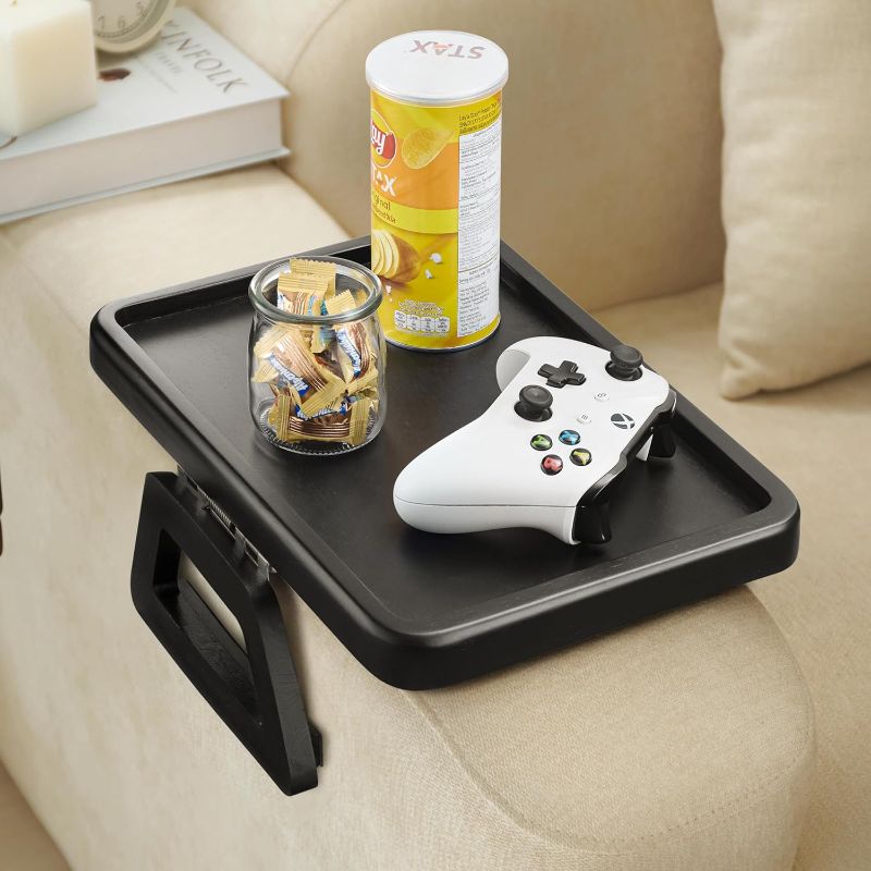 Photo 1 of Tinamo Acacia Sofa Arm Tray, Rectangle Couch Armrest Table - Couch Accessories, Armchair Caddy, Clip on Tray for Home Sofa Living Room, Sofa Arm Table (Black, 13.75" D x 9.5" W x 1" H)