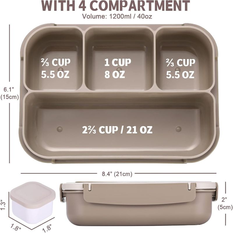 Photo 1 of Bento Box Adult Lunch Box, Containers for Adults Men Women with 4 Compartments, Lunchable Food Container with Utensils, Sauce Jar, Muffin Liners, 40 Oz/5 Cup, Microwave & Dishwasher Safe