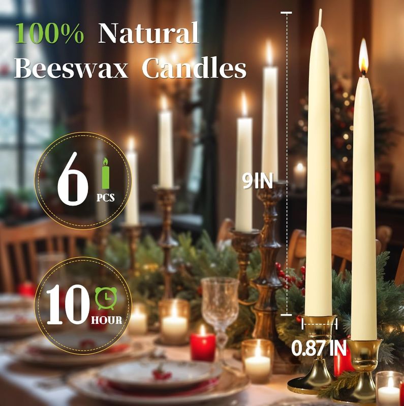 Photo 1 of 9 inch Beeswax Taper Candles,6 Pack Dripless Pure White Beeswax Candle Sticks,10 Hours Long Burning Natural Bees Wax Candles for Home,Unscented Smokeless Tapered Candlesticks