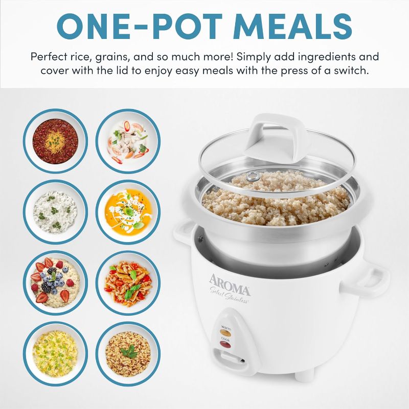 Photo 1 of AROMA® Select Stainless® Rice Cooker, 3-Cup (Uncooked) / 6-Cup (Cooked), Stainless Steel Inner Pot, Small Rice Cooker, Auto Keep Warm, 1.2 Qt, White