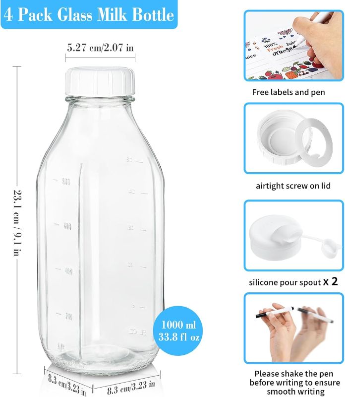 Photo 1 of 4 Pack 1 Liter Glass Milk Bottles w Scale, 100% Airtight Heavy Duty Screw Lid - 32 Oz Drinking Jars w 2 Pour Spouts - Glass Bottles for Milk, Honey, Jam, Creamer - Dishwasher Safe(Extra 2 Lids)