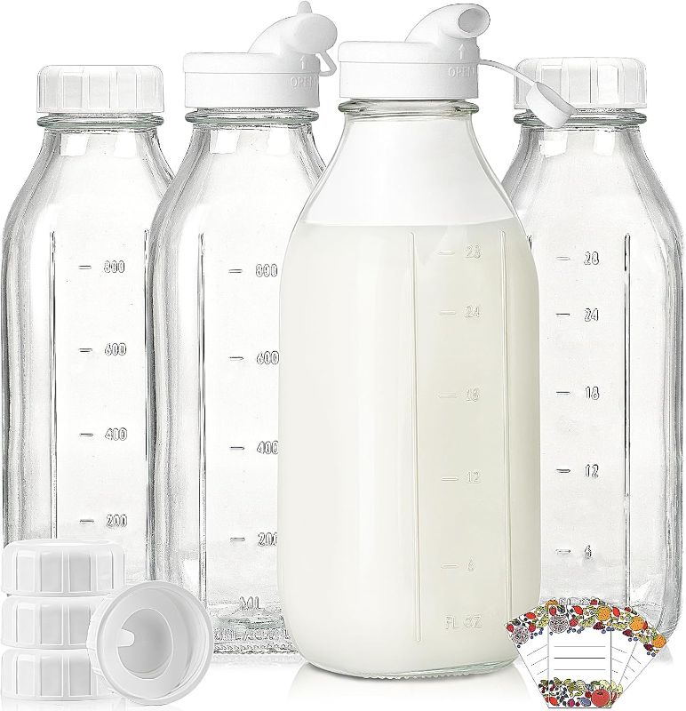 Photo 1 of 4 Pack 1 Liter Glass Milk Bottles w Scale, 100% Airtight Heavy Duty Screw Lid - 32 Oz Drinking Jars w 2 Pour Spouts - Glass Bottles for Milk, Honey, Jam, Creamer - Dishwasher Safe(Extra 2 Lids)
