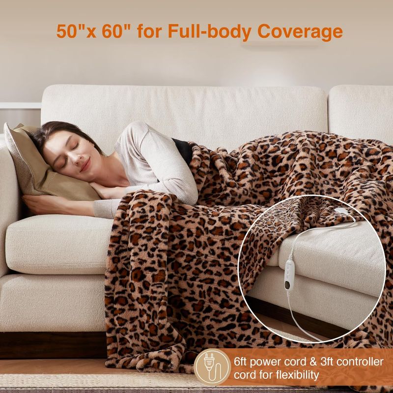 Photo 1 of Beautyrest Long Brushed Faux Fur Ogee Textured Design Electric Blanket, Auto Shut Off, Virtually Zero EMF, Multi Heat Setting, UL Certified, Machine Washable, Leopard Throw 50x60
